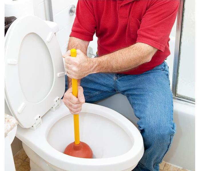 Plumber or homeowner using a plunger to unclog a toilet.
