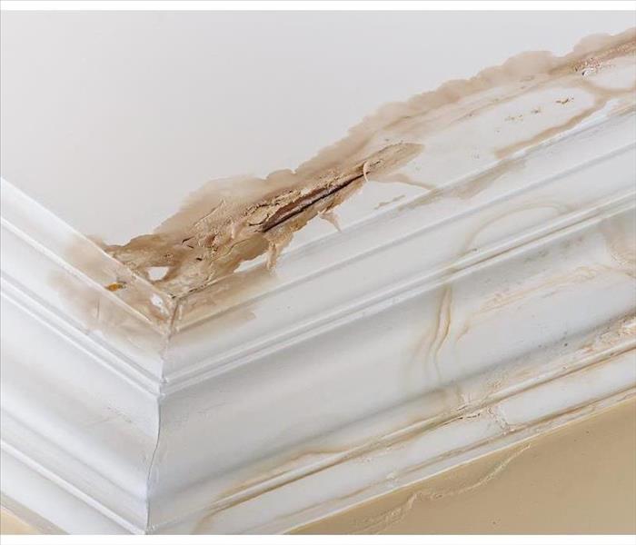 Peeling paint on an interior ceiling a result of water damage caused by a leaking pipe